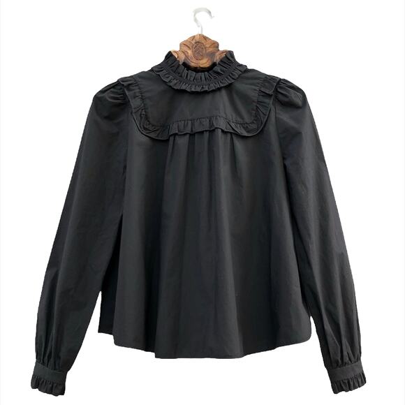 Odeeh Black Blouse High Victorian Neck Ruffle Boxy Fit Cotton 36 - Picture 1 of 12